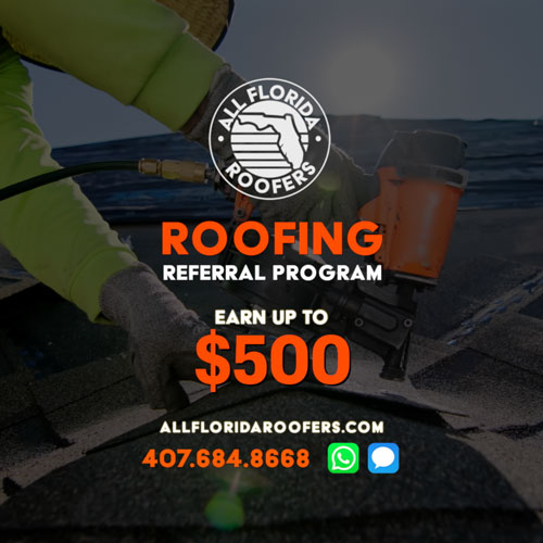 Roofer working on shingles with nail gun, promoting All Florida Roofers referral program offering up to $500 reward.